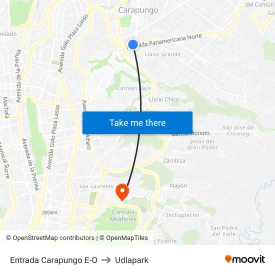 Entrada Carapungo E-O to Udlapark map