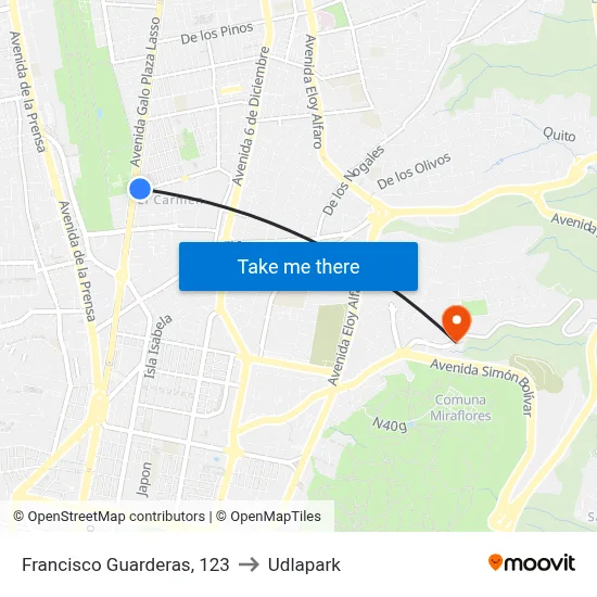 Francisco Guarderas, 123 to Udlapark map