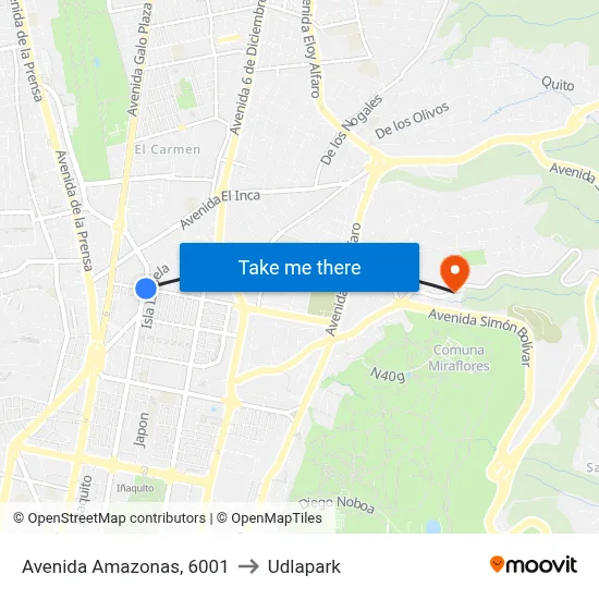 Avenida Amazonas, 6001 to Udlapark map