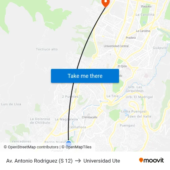 Av. Antonio Rodriguez  (S  12) to Universidad Ute map