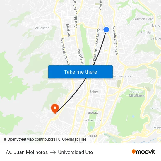 Av. Juan Molineros to Universidad Ute map