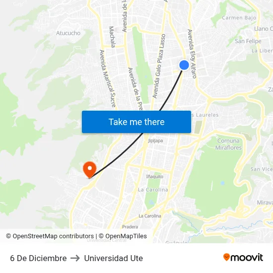 6 De Diciembre to Universidad Ute map