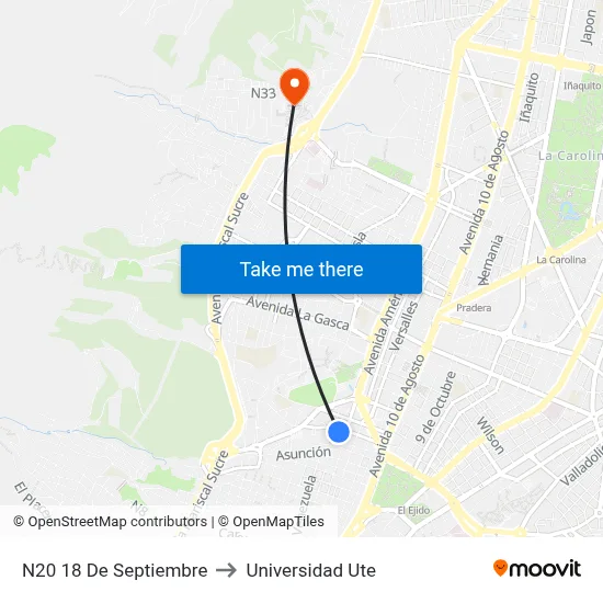 N20   18 De Septiembre to Universidad Ute map