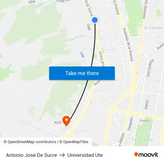 Antonio Jose De Sucre to Universidad Ute map