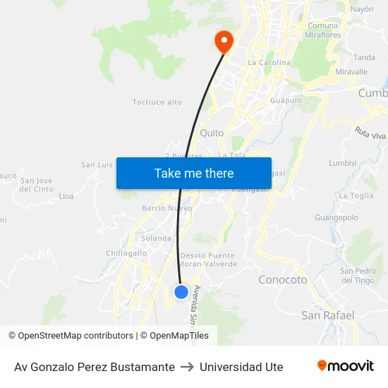 Av Gonzalo Perez Bustamante to Universidad Ute map