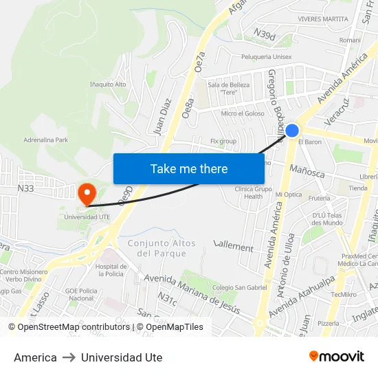 America to Universidad Ute map