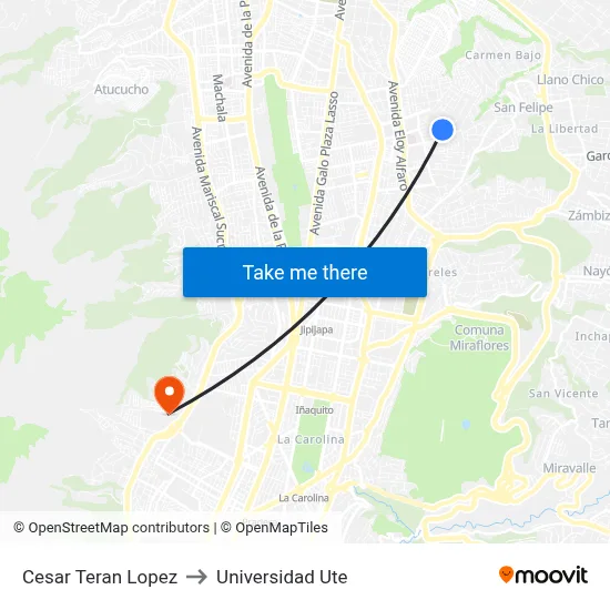 Cesar Teran Lopez to Universidad Ute map