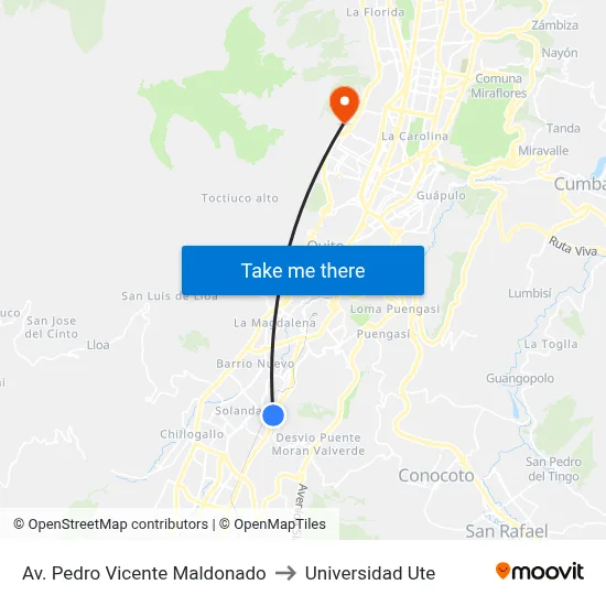Av. Pedro Vicente Maldonado to Universidad Ute map