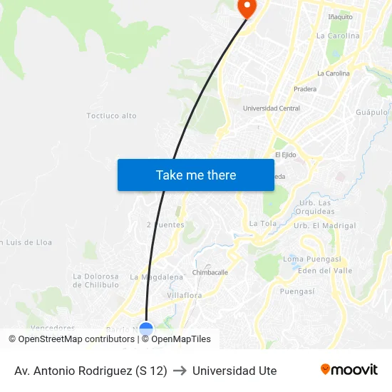 Av. Antonio Rodriguez  (S  12) to Universidad Ute map