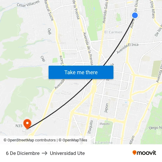 6 De Diciembre to Universidad Ute map