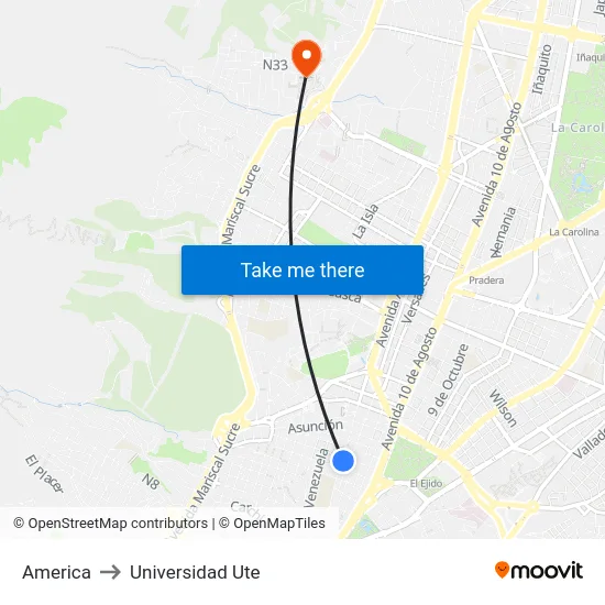 America to Universidad Ute map