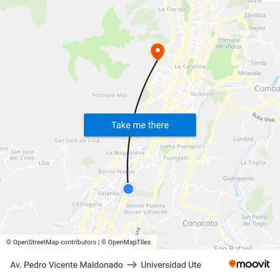 Av. Pedro Vicente Maldonado to Universidad Ute map