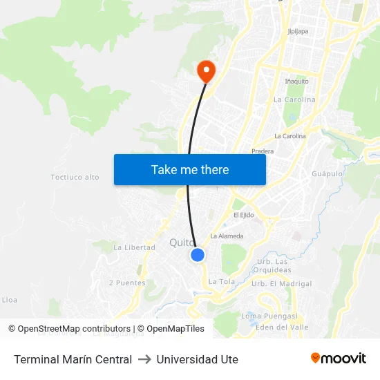 Terminal Marín Central to Universidad Ute map