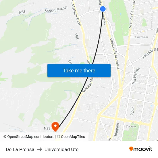 De La Prensa to Universidad Ute map