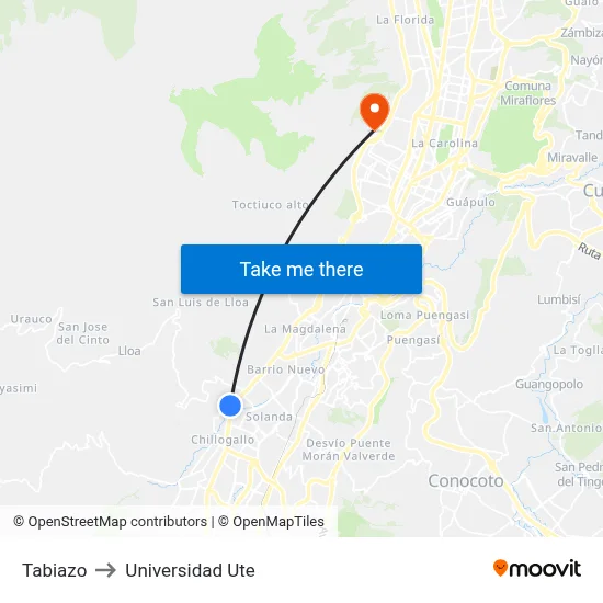 Tabiazo to Universidad Ute map
