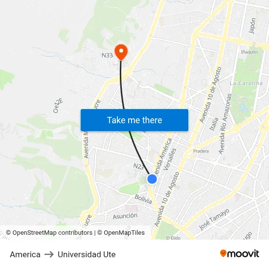America to Universidad Ute map