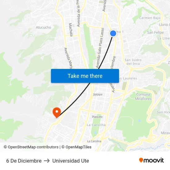 6 De Diciembre to Universidad Ute map