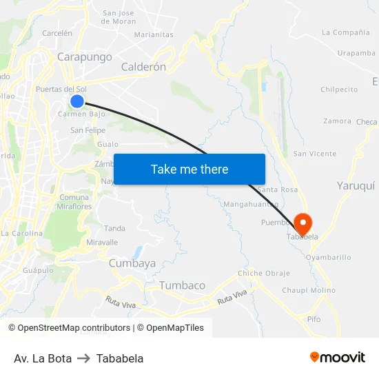 Av. La Bota to Tababela map