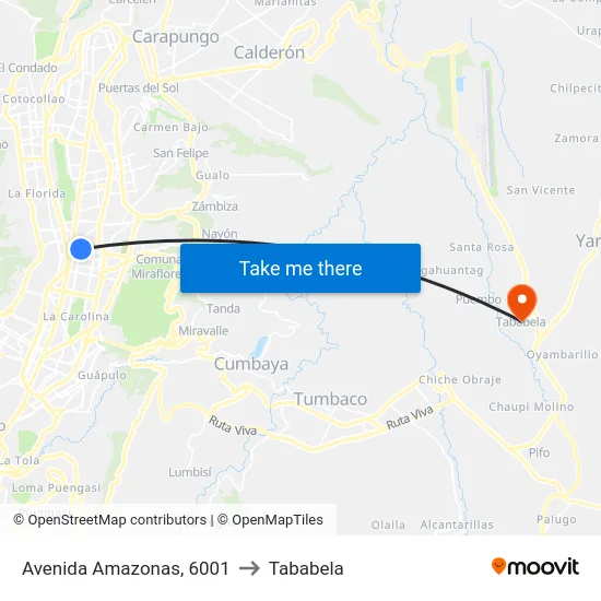Avenida Amazonas, 6001 to Tababela map