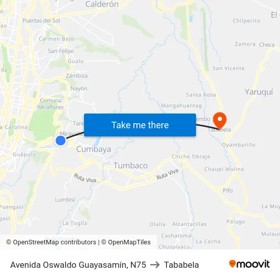 Avenida Oswaldo Guayasamín, N75 to Tababela map