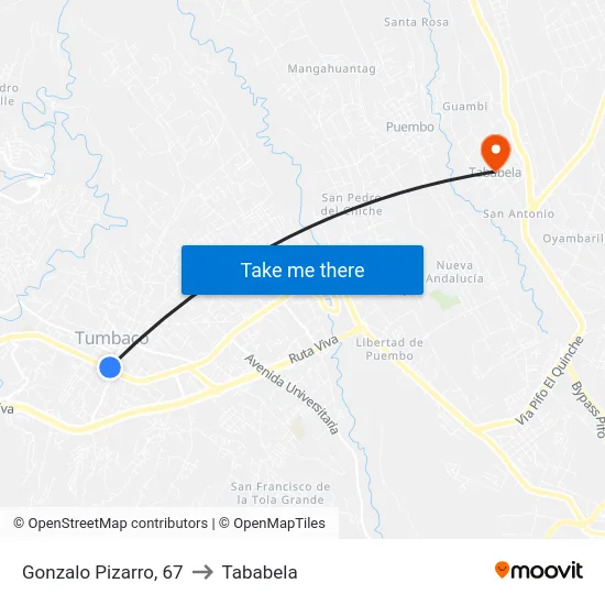 Gonzalo Pizarro, 67 to Tababela map