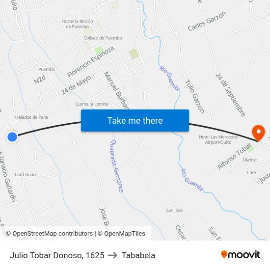 Julio Tobar Donoso, 1625 to Tababela map