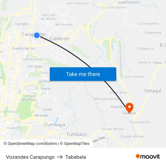 Vozandes Carapungo to Tababela map
