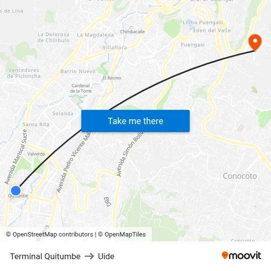 Terminal Quitumbe to Uide map