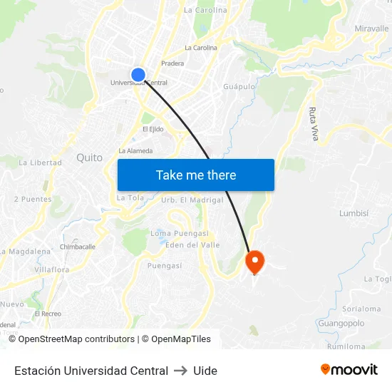 Estación Universidad Central to Uide map