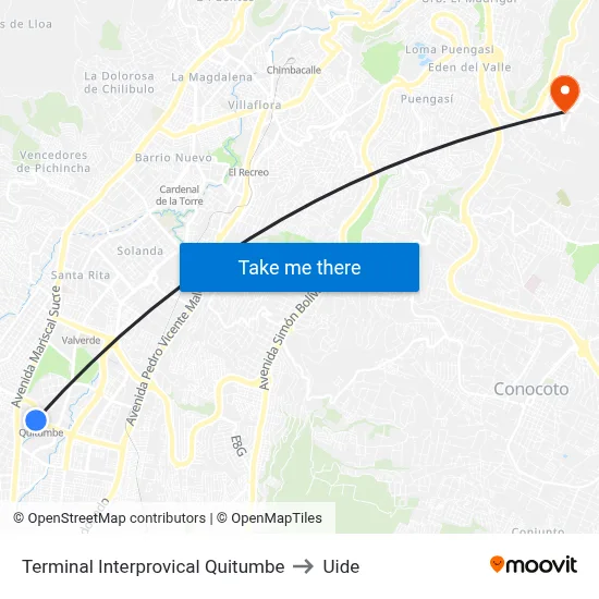 Terminal Interprovical Quitumbe to Uide map