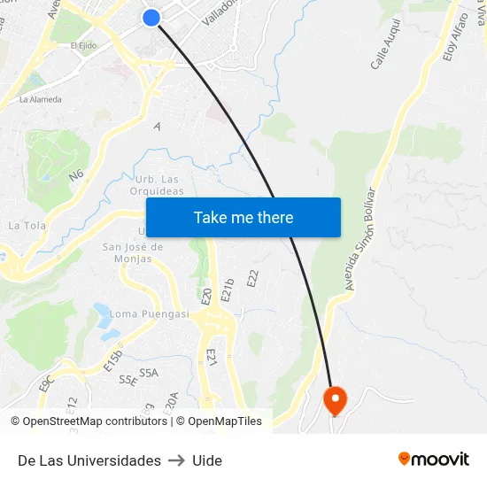 De Las Universidades to Uide map