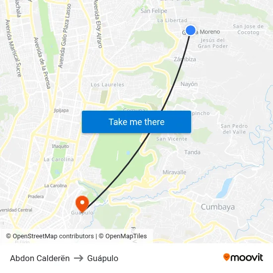 Abdon Calderën to Guápulo map