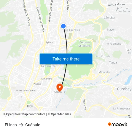 El Inca to Guápulo map