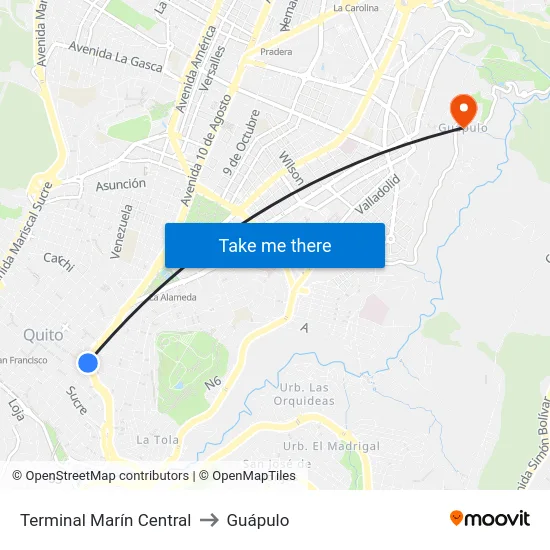 Terminal Marín Central to Guápulo map
