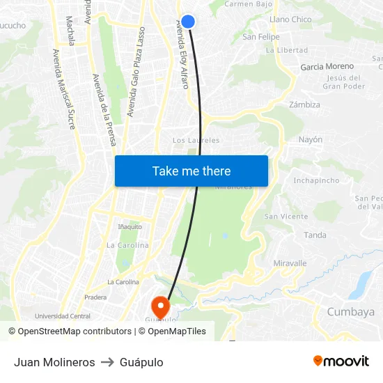 Juan Molineros to Guápulo map