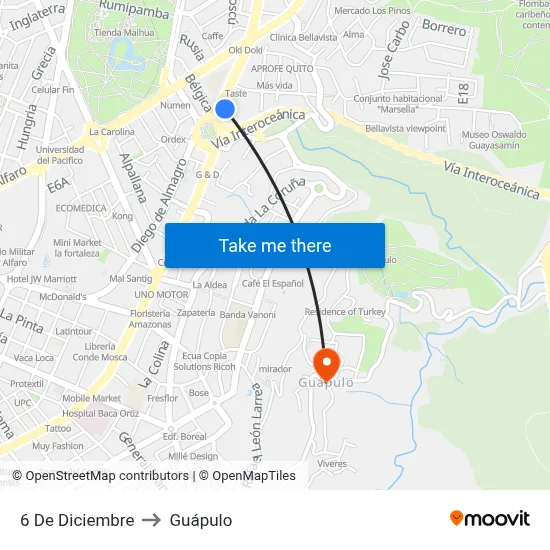 6 De Diciembre to Guápulo map