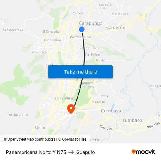 Panamericana Norte Y N75 to Guápulo map