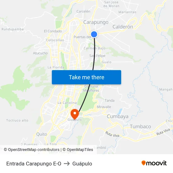 Entrada Carapungo E-O to Guápulo map