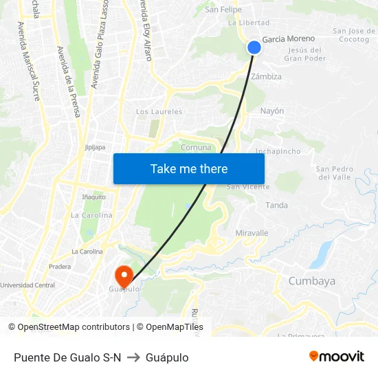 Puente De Gualo S-N to Guápulo map