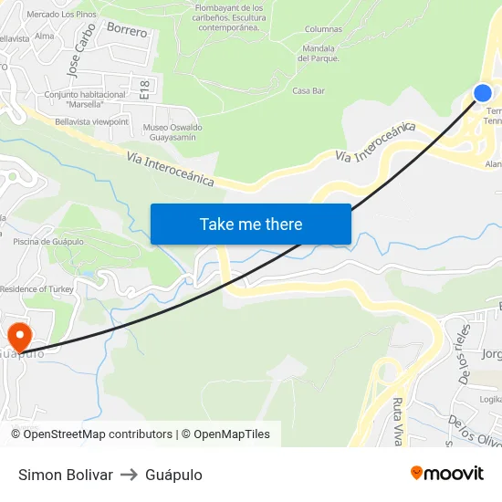 Simon Bolivar to Guápulo map