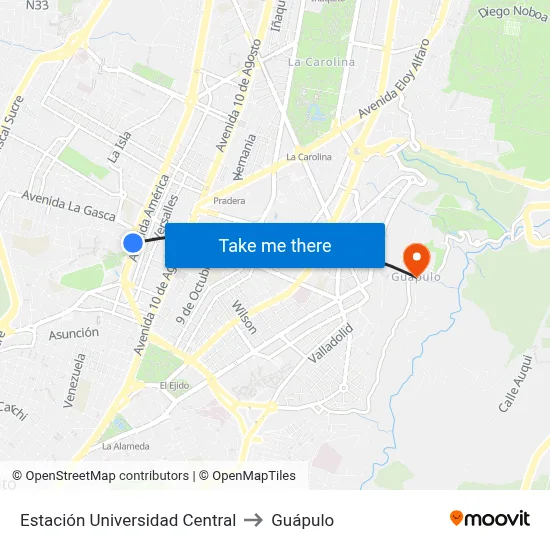Estación Universidad Central to Guápulo map