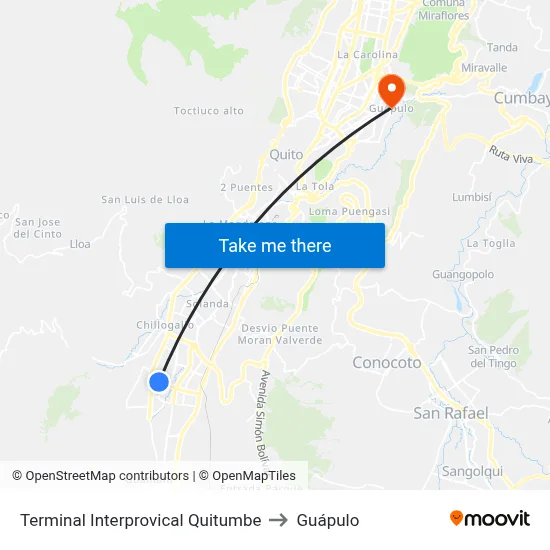 Terminal Interprovical Quitumbe to Guápulo map