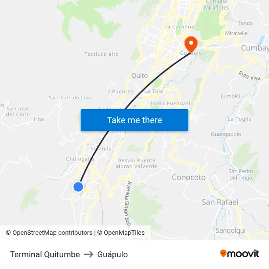 Terminal Quitumbe to Guápulo map