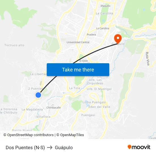 Dos Puentes (N-S) to Guápulo map