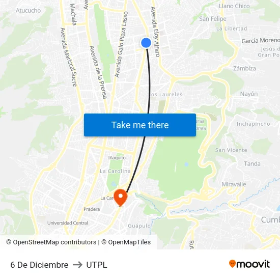 6 De Diciembre to UTPL map