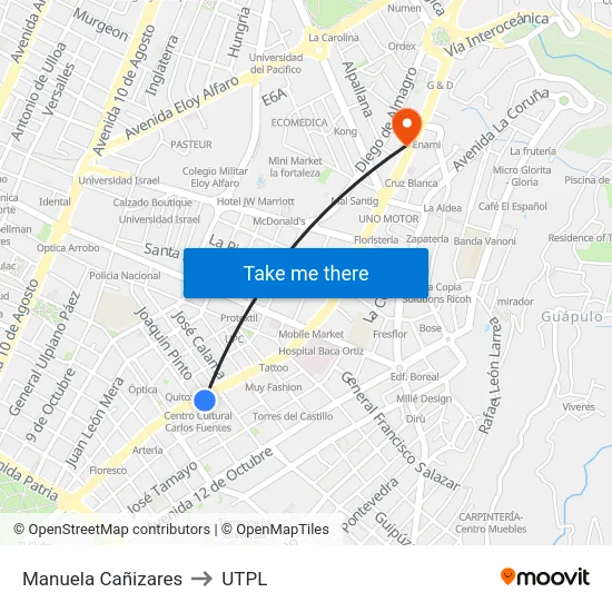 Manuela Cañizares to UTPL map