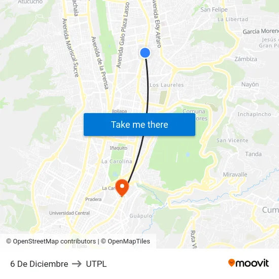 6 De Diciembre to UTPL map