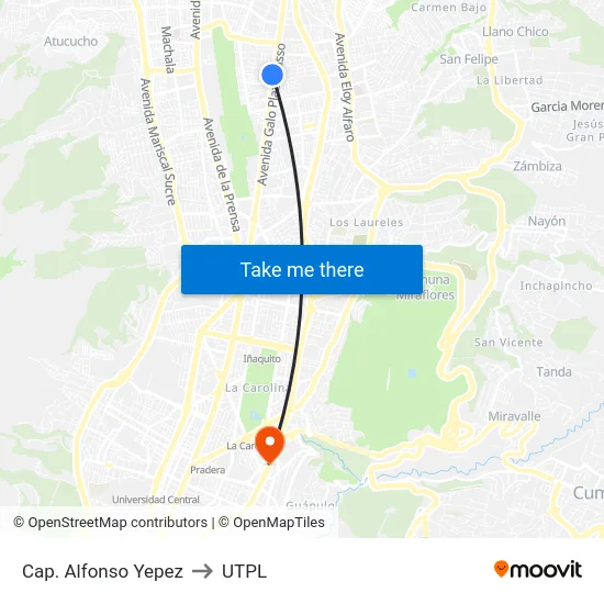 Cap. Alfonso Yepez to UTPL map