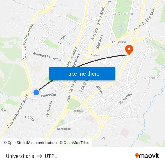 Universitaria to UTPL map