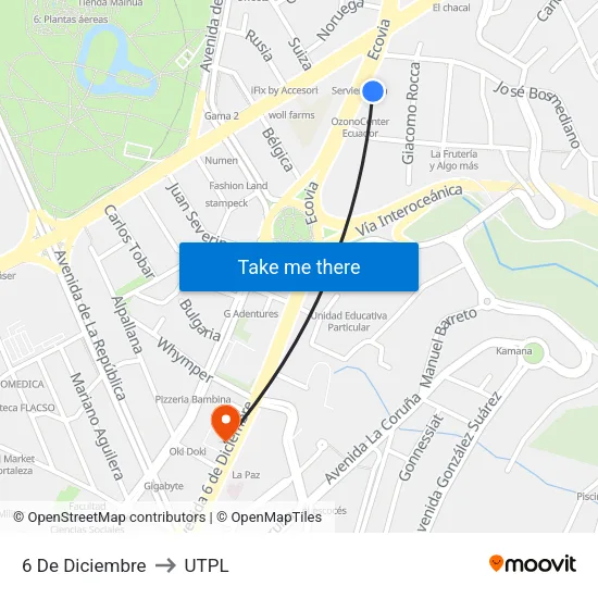 6 De Diciembre to UTPL map